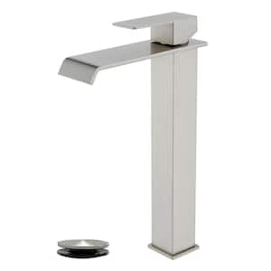 Single Handle Waterfall Bathroom Vessel Sink Faucet with Drain Stainless Steel 1 Hole Tall Basin Taps in Brushed Nickel