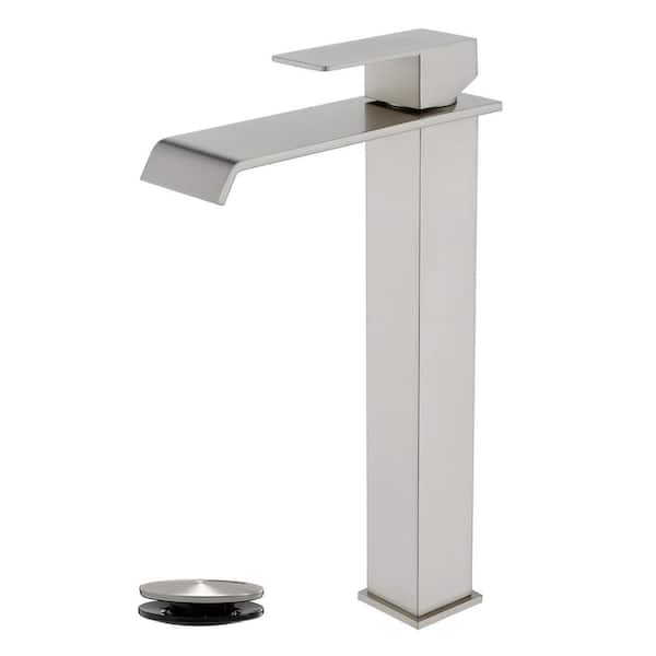 AIMADI Single Handle Waterfall Bathroom Vessel Sink Faucet with Drain Stainless Steel 1-Hole Tall Basin Taps in Brushed Nickel