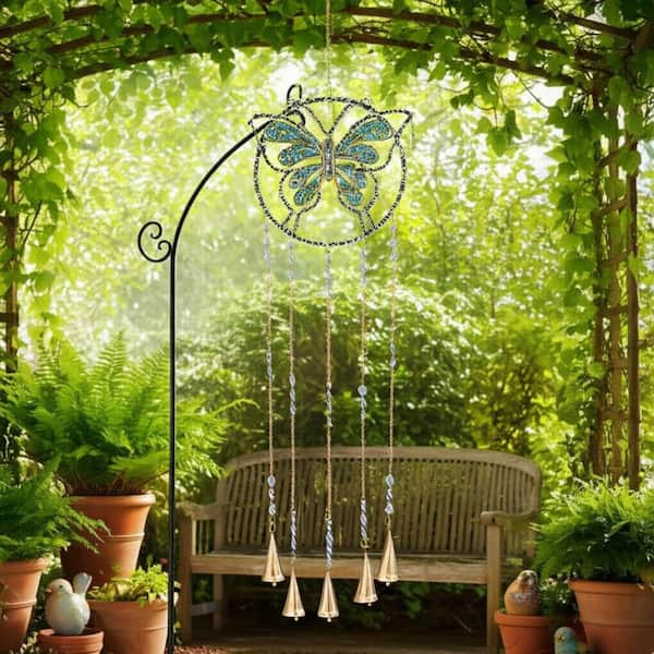 Blue 9 in. x 31 in. Metal Glass Mosaic Butterfly with Bells Wind Chime