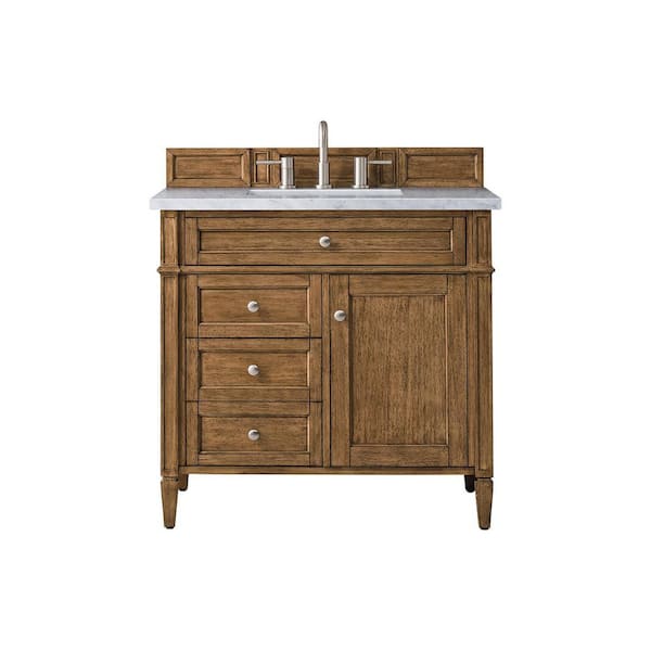 James Martin Vanities Brittany 36.0 in. W x 23.5 in. D x 34 in. H Bathroom Vanity in Saddle Brown with Arctic Fall Solid Surface Top