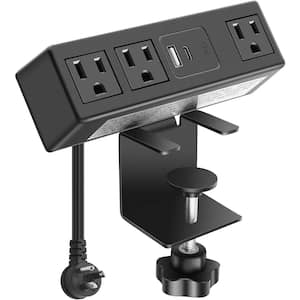 10 ft. Flat Plug Desk Clamp Power Strip with 3-Outlets 1-USB A, 3.0 Fast Charging USB C Port, in Black