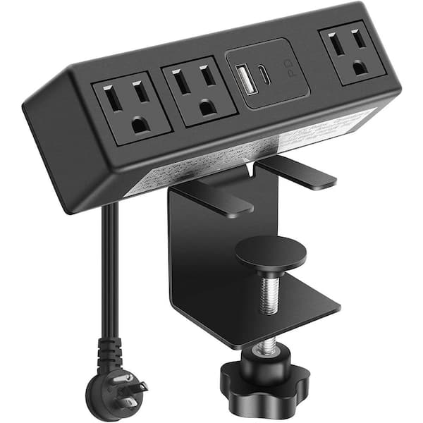 Etokfoks 10 ft. Flat Plug Desk Clamp Power Strip with 3-Outlets 1-USB A, 3.0  Fast Charging USB C Port, in Black MLPH005LT620 - The Home Depot
