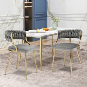 Grey Velvet Dining Chair Upholstered Modern Accent Chair with Woven Back Set of 2