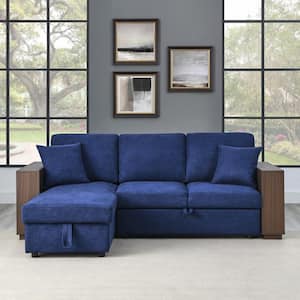 85 in. W Navy Color Polyester Fabric Full Size 3 Seats Reversible Sectional Sofa Bed with Storage