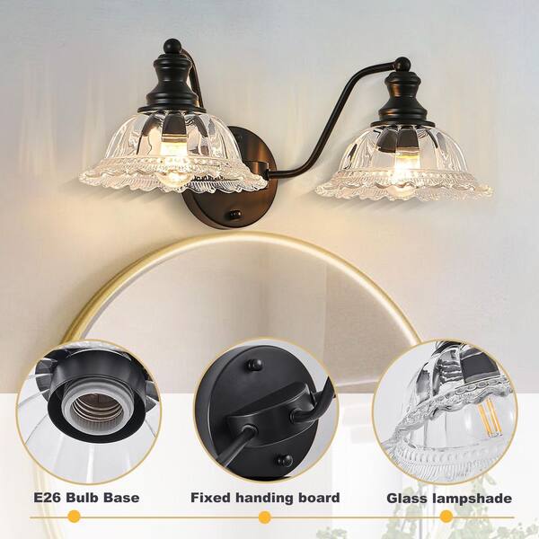 AVITAS 20 in. 2-Light Black Vintage Bathroom Vanity Light with