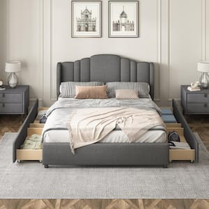 Gray Upholstered Wood Frame Queen Size Platform Bed with Wingback Headboard and 4-Storage Drawers