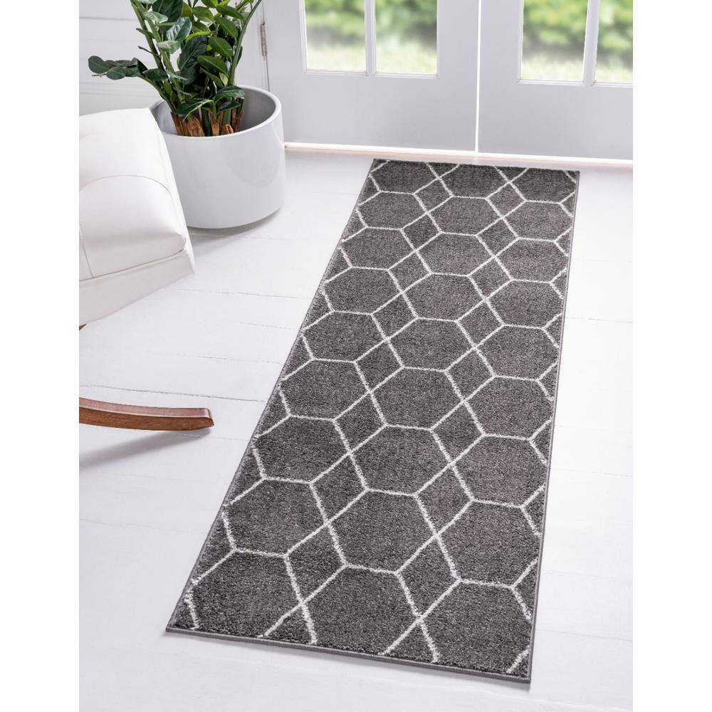 Dark Gray and Ivory Geometric Trellis Runner Rug