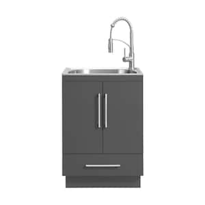 All-In-One Stainless Steel 24 in Laundry Sink with Faucet and Storage Cabinet in Dark Gray