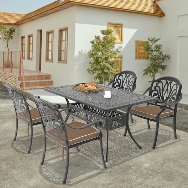 Elizabeth 5-Piece Cast Aluminum Outdoor Dining Set with 58.27 in. x 34.65 in. Rectangular Table and Brown Cushion