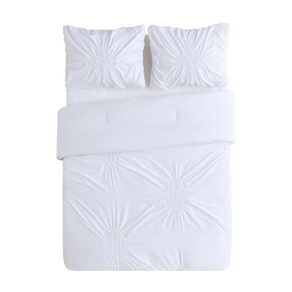 White Microfiber Ruffled Full/Queen Duvet Cover Set