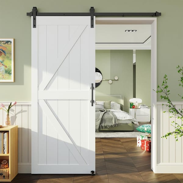 K Series 34 in. x 84 in. White MDF Sliding Barn Door Slab with Hardware Kit