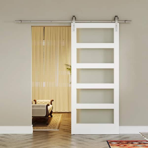 36 in. x 84 in. White, Finished, MDF, Frosted Glass, 5 Glass Panel Barn Door Slab with Brushed Nickel Hardware Kit