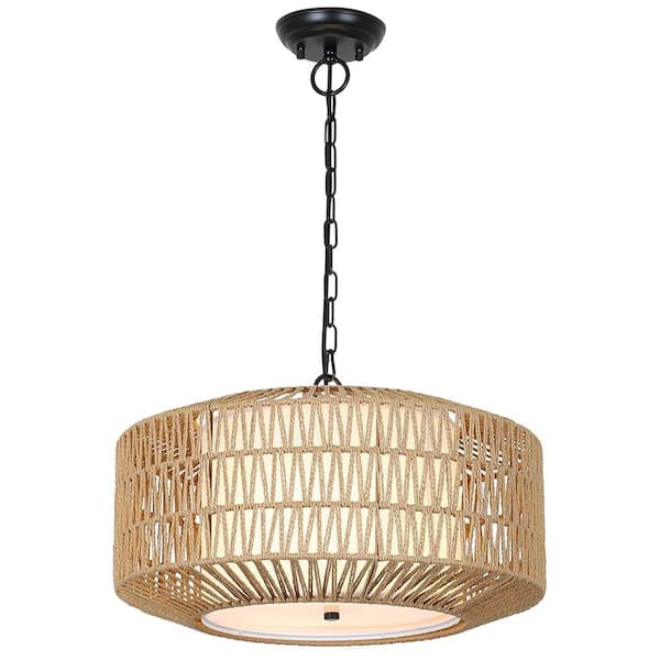 18.9 in. 4-Light Bohemian Style Rattan Woven Brown Pendant Light with Adjustable Chain