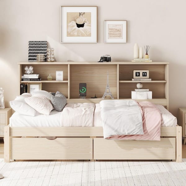 Natural Wood Frame Twin Size Platform Bed with Drawers, Side Bookshelves and USB Port