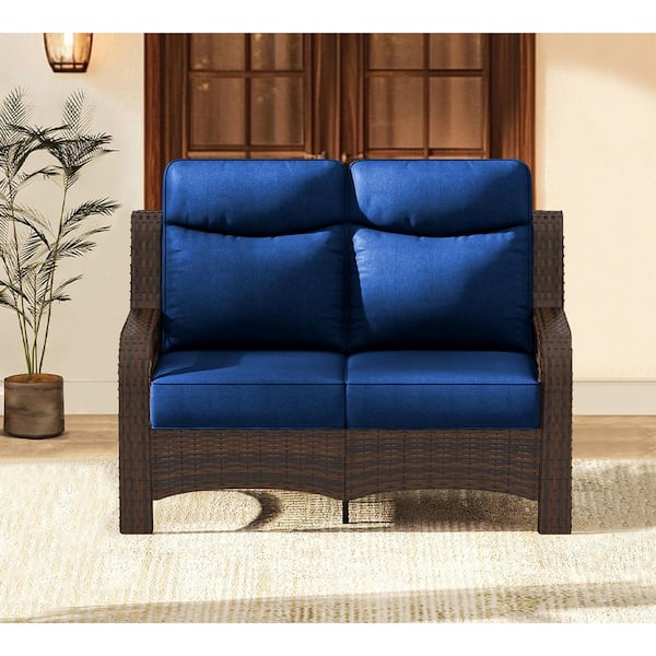 High Back Wicker Outdoor Loveseat with 5 in. Thick Blue Cushions, 2-Seat Rattan Sofa for Porch, Poolside