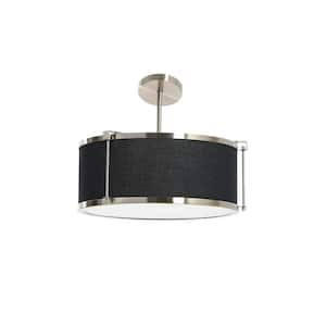 Harrison -1-Light Black and Brushed Nickel Semi-Flush Mount Drum Pendant, Caged Linen Shade