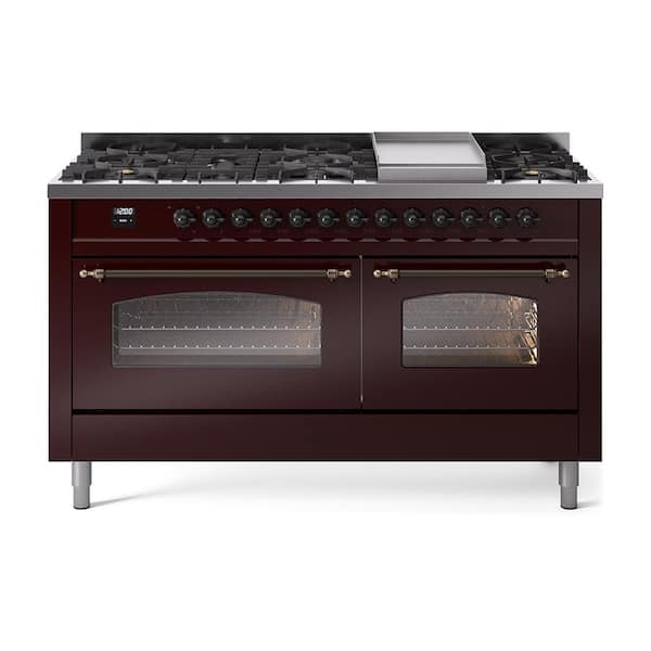 ILVE Nostalgie II 60 in. 9 Burner+Griddle Freestanding Double Oven Dual Fuel Range in Burgundy with Bronze