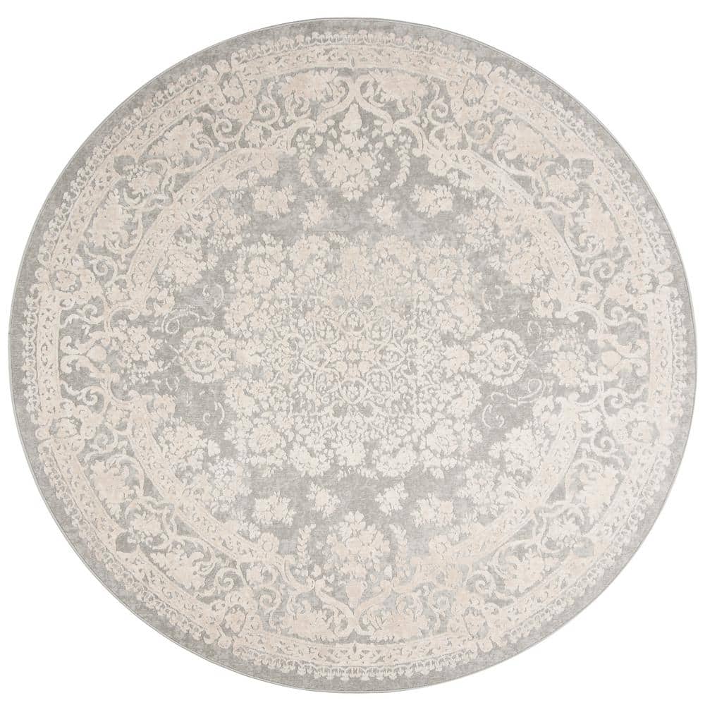 Round Light Grey Cream Floral Synthetic Area Rug