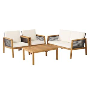 4-Pieces Wicker Patio Conversation Set Acacia Wood Sofa with Off White Cushions