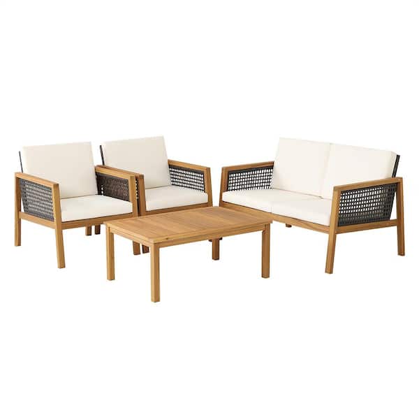 Costway 4-Pieces Wicker Patio Conversation Set Acacia Wood Sofa with Off White Cushions