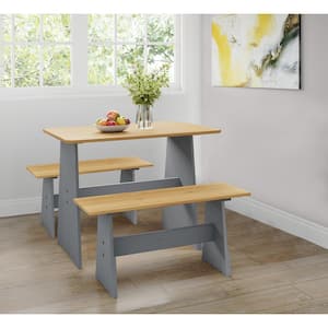 Chapman Farmhouse 3-Piece Solid Pine Wood Dining Set with 2 Benches - Natural/Grey with Honey Finish