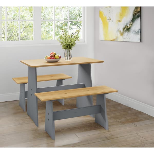 Dwell Home Inc Chapman Farmhouse 3-Piece Solid Pine Wood Dining Set with 2 Benches - Natural/Grey with Honey Finish