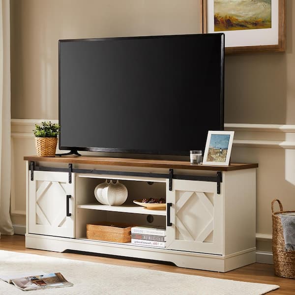 Wampat Louis Xvi Series 59 In White, Farmhouse Tv Stand With Sliding Barn Doors