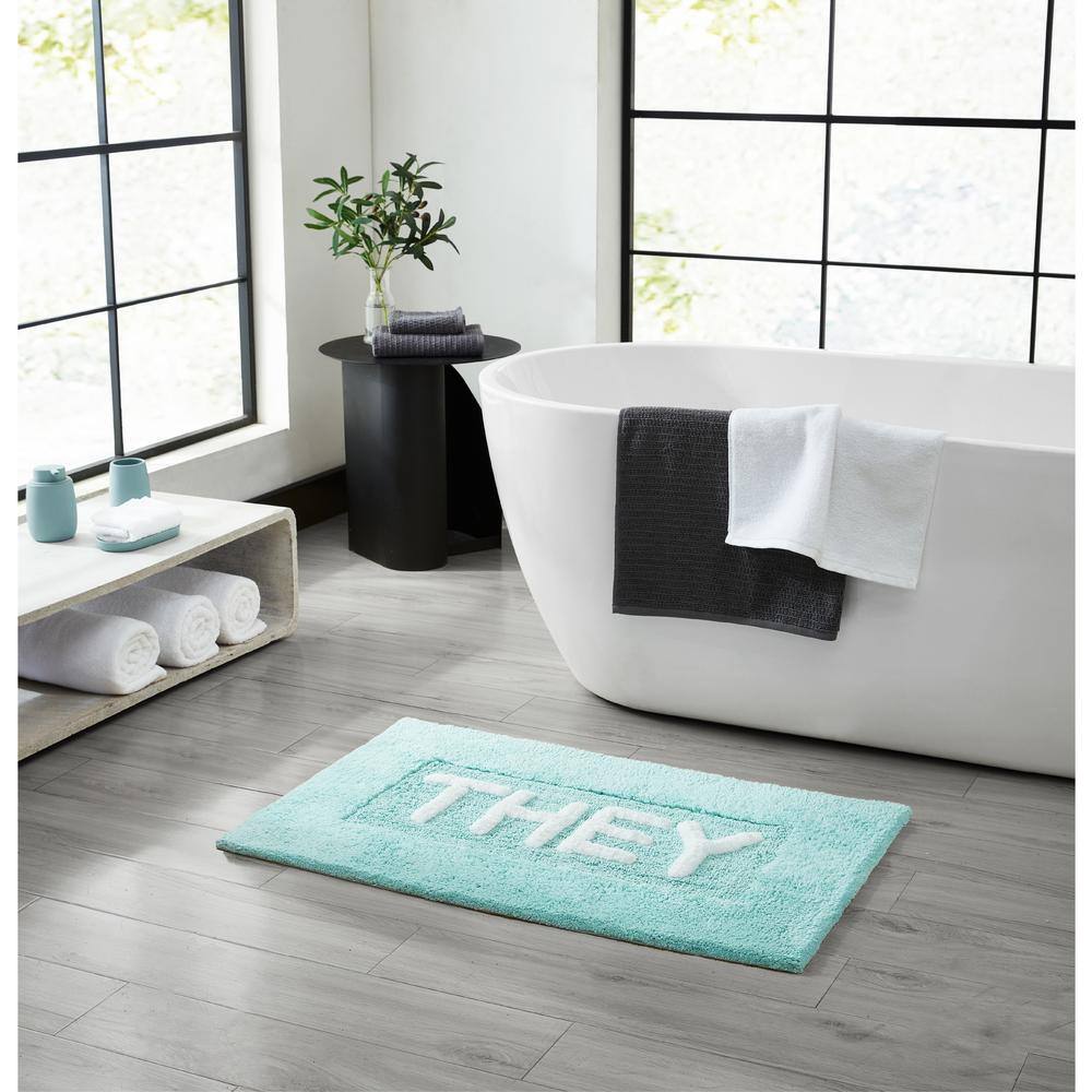 Aqua Cotton Bath Rug with 'They' Pattern, 21" x 34"