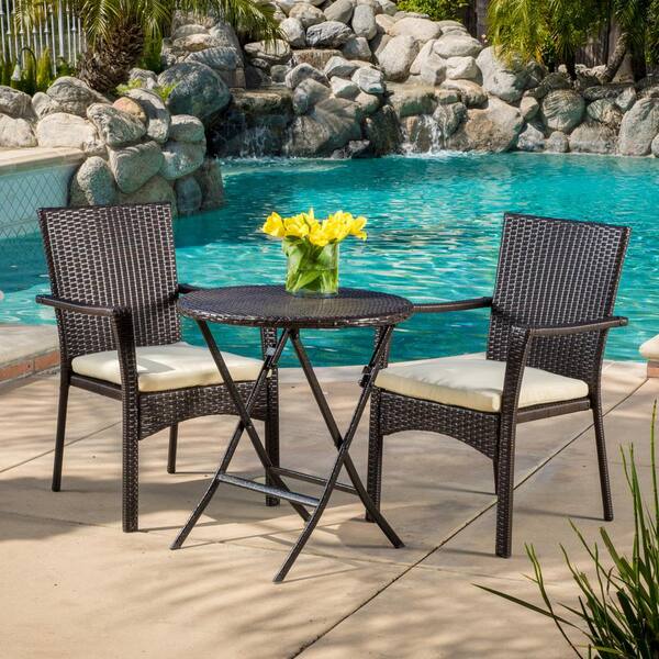 Unbranded ELBA BISTRO SET 3 Piece Wicker Outdoor Bistro Patio Set, Bistro Set with Cream Cushions