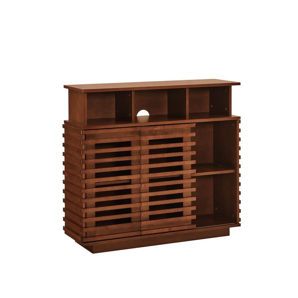 River 36.8 in. W Rectangle Walnut Wood Farmhouse Lattice Sideboard Buffet Cabinet with Sliding Doors