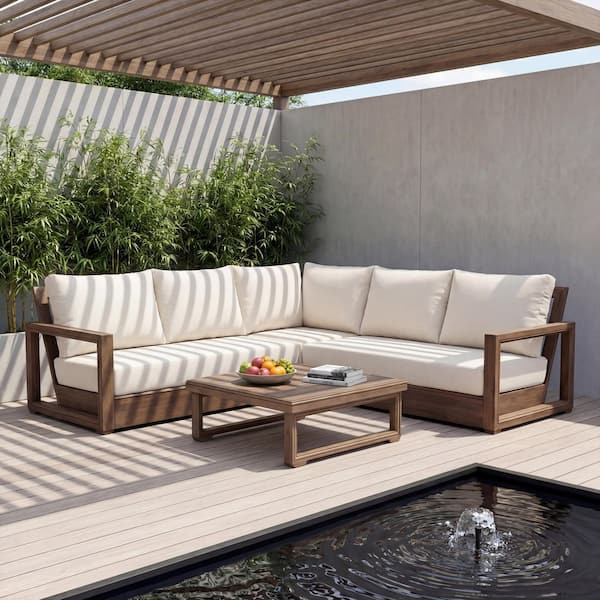 Hiro 4-Piece Acacia Wood Outdoor Patio Conversation Sectional Seating Set with Beige Cushions and Coffee Table