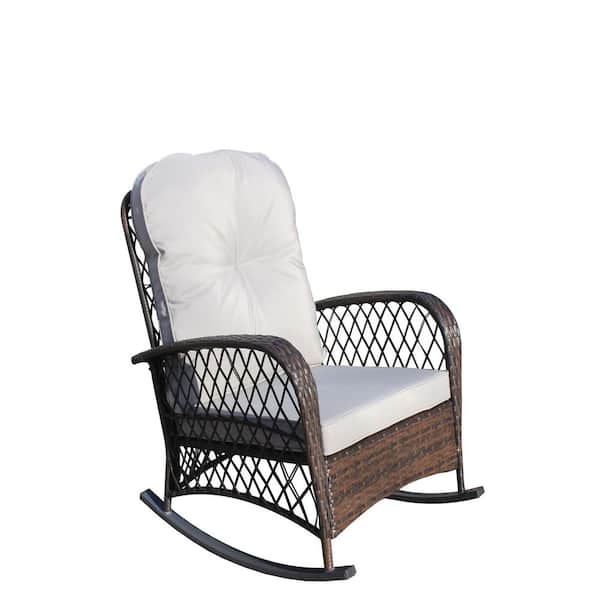 Unbranded Wicker Outdoor Rocking Chair with Gray Cushion, Wide Seat with Steel Frame for Patio, Garden, Backyard