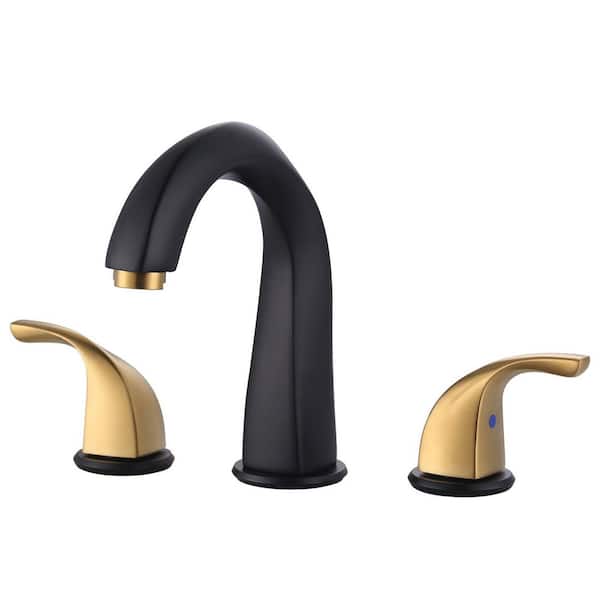 8 in. Widespread Brass Double Handle Bathroom Faucet for 3-Holes with Pop-Up Drain and Supply Lines in Black and Gold