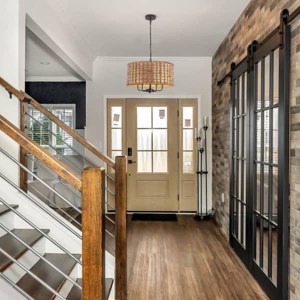 Bohemian 18.9 in. 5-Light Black and Brown Drum Ambient Chandelier with Hand Woven Bamboo Shade for Dining Room, Foyer