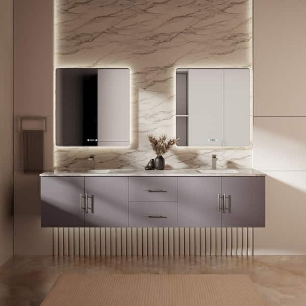 Lexora Geneva 80 in. W x 22 in. D Dark Grey Double Bath Vanity, Carrara Marble Top, Faucet Set and 30 in. LED Mirrors