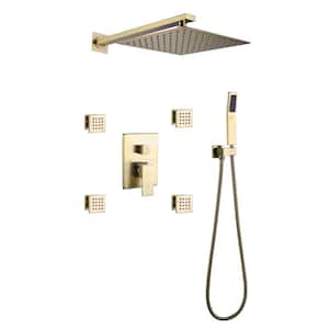 Single Handle 1-Spray Shower Faucet 1.8 GPM with Pressure Balance Wall Mount Shower System with Body Jet in Brushed Gold