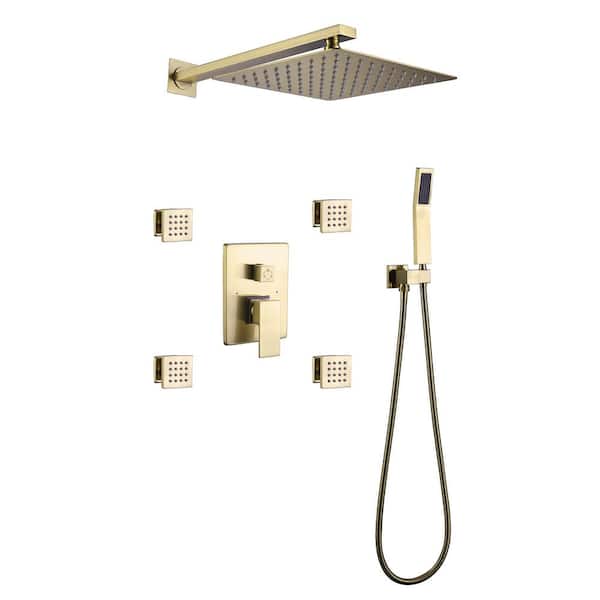 FLG Single Handle 1-Spray Shower Faucet 1.8 GPM with Pressure Balance Wall Mount Shower System with Body Jet in Brushed Gold