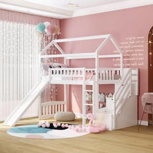 Twin Loft Bed with Two Drawers and Slide, House Bed with Slide, White