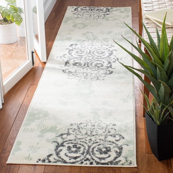 Adirondack Ivory/Green 3 ft. x 8 ft. Floral Damask Runner Rug