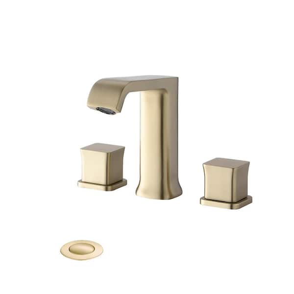 Miscool Boger 8 in. Widespread Lead Free 2 Handle 3 Hole Vanity Bath Faucet with Pop Up Drain Assembly in Brushed Gold