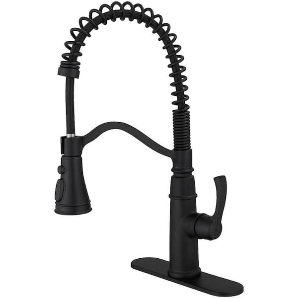 Single Handle 19.01 in Pull Down Sprayer Kitchen Faucet, Kitchen Faucet with Deck Plate in Matte Black