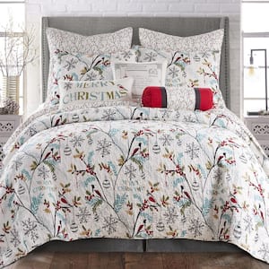 Holly 3-Piece Teal Red Green Leaves, Holly and Snowflakes Cotton Full/Queen Quilt Set