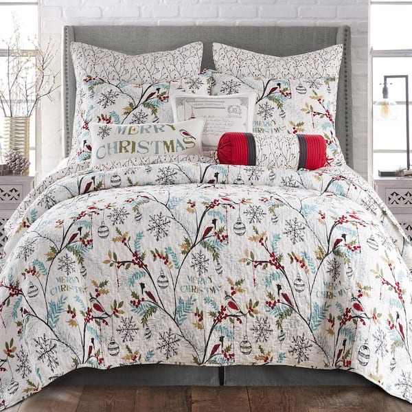 LEVTEX HOME Holly 3-Piece Teal Red Green Leaves, Holly and Snowflakes Cotton King/Cal King Quilt Set