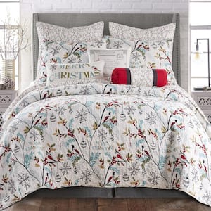 Holly 2-Piece Teal Red Green Leaves, Holly and Snowflakes Cotton Twin/Twin XL Quilt Set