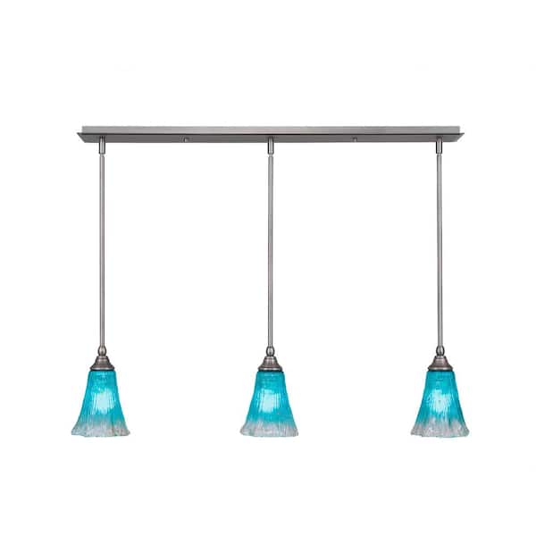 Unbranded Livingston 100-Watt 3 Light Nickel, Linear Pendant Light with 5.5 in. Teal Crystal Glass Shades No Bulbs Included