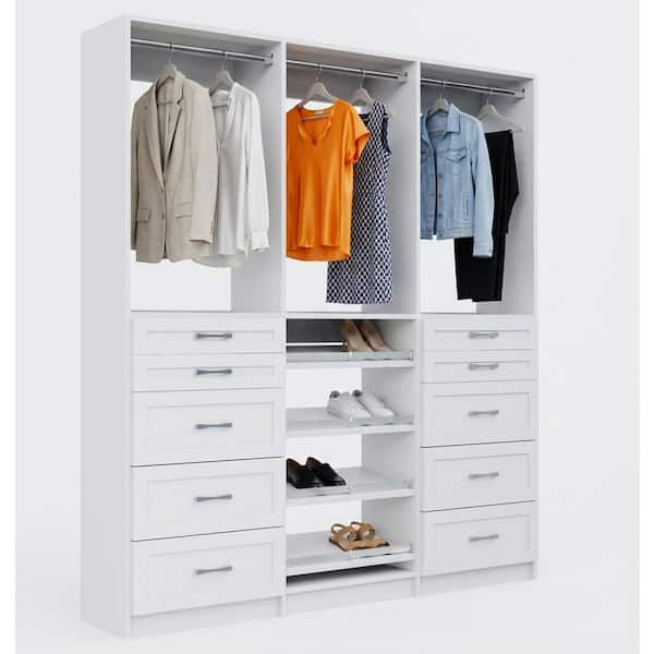 Alto 87 in. W White Tower System Shaker 2 5-Drawer with Hang and Shoe-Shelves with Hang 9-Shelf Wood Closet System