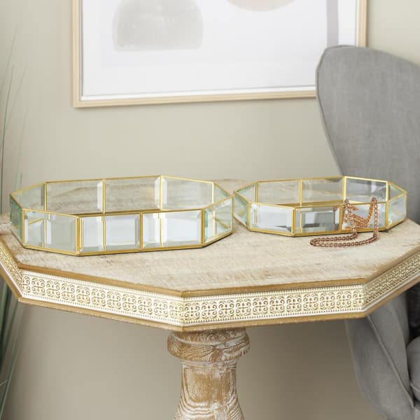 Litton Lane Clear Glass Beveled Wide Octagon Jewelry Box with Gold Metal Frame (Set of 2)