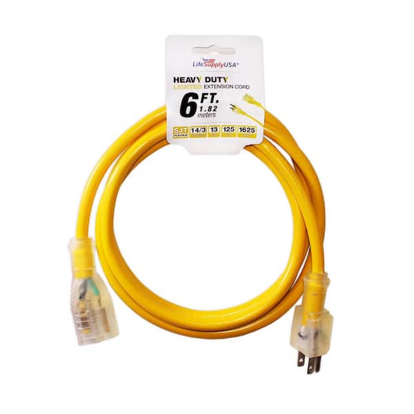 LifeSupplyUSA 6 ft. 14/3 SJTW Full Copper 15 Amp 125-Volt 1625-Watt Lighted End Indoor/Outdoor Extension Cord (50-Pack)