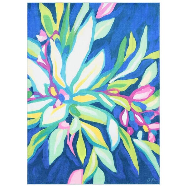 Blue Tropics I, 5'x 8' Hand Washable Flowers Art Area Rug, power-loomed, 100% polyester, 2mm pile, non-slipping back.
