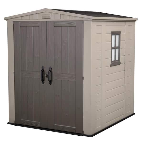 Keter Factor 6 ft. W x 6 ft. D Outdoor Durable Resin Plastic Storage Shed with Double Doors, Taupe Brown (37.43 sq. ft.)